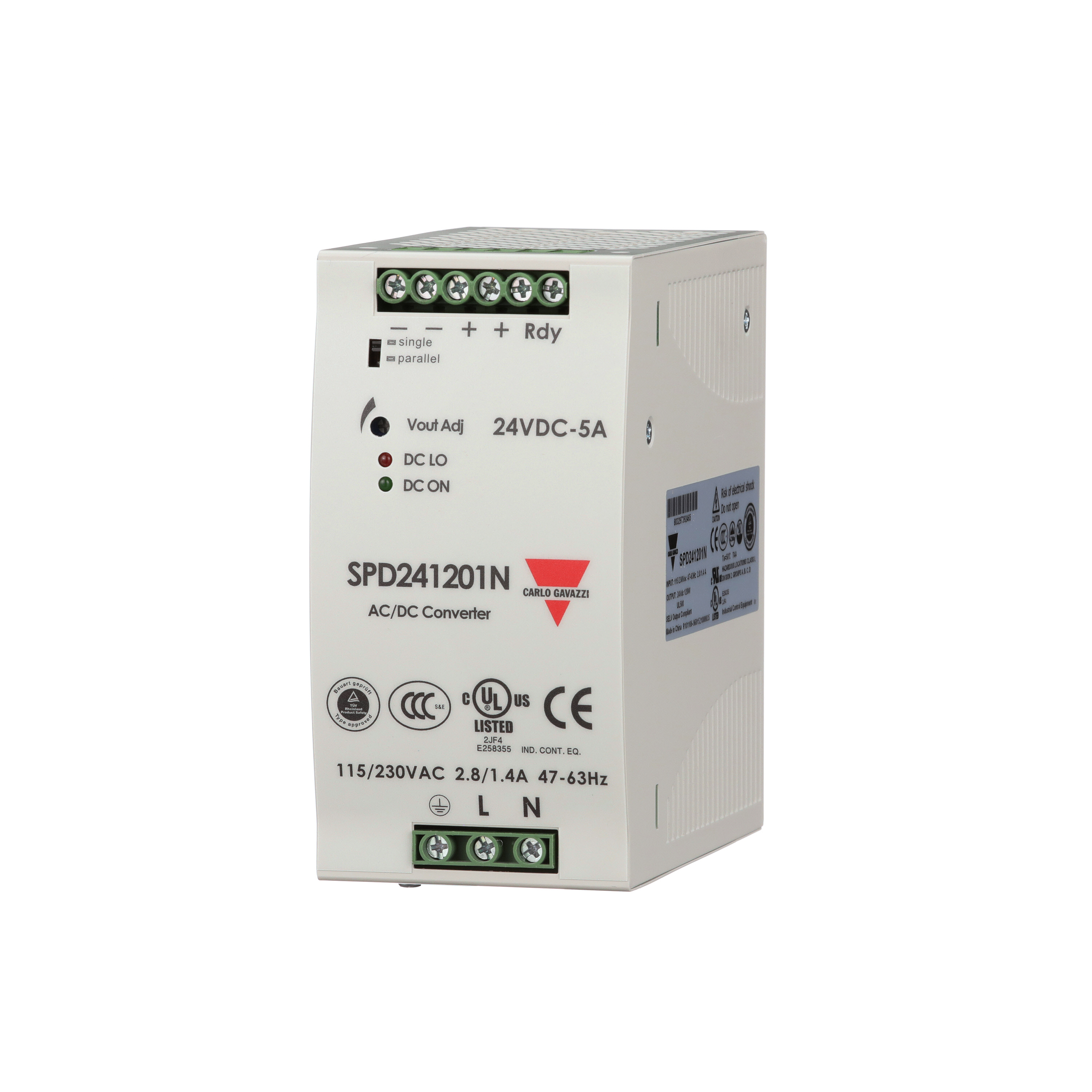 Carlo Gavazzi Switching Power Supply; 12VDC OUT; 10A; 90-132VAC / 180-264VAC / 210-370VDC IN; Single-Phase; DIN Rail Mount